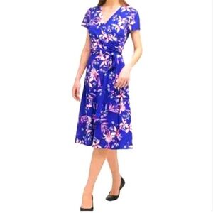 Eliza J Blue Pink V-Neck Flutter Sleeve Midi Dress Small